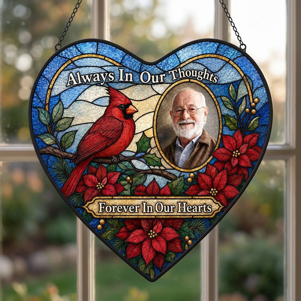 Heart stained glass suncatcher with red cardinal, oval memorial photo frame, and red poinsettias with green leaves.