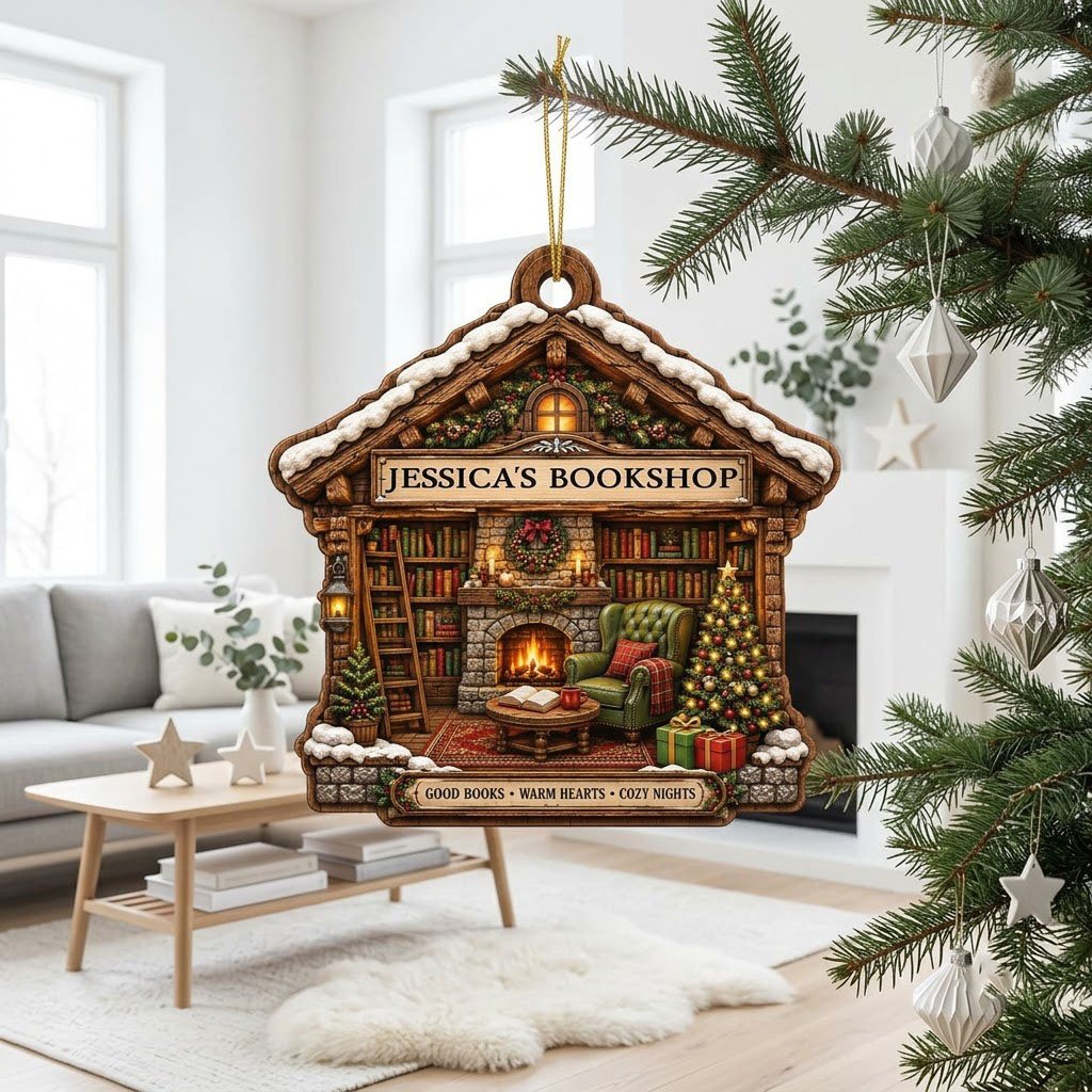 House-shaped wood ornament with cozy bookshop scene, fireplace, bookshelves, and a lit Christmas tree.