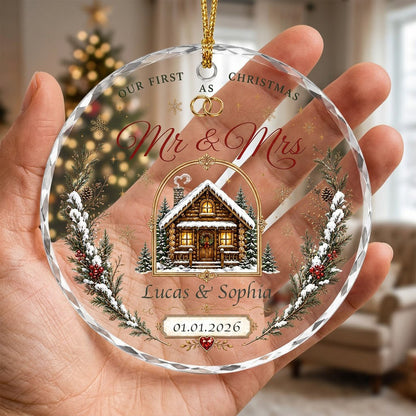 Personalized Our First Christmas as Mr & Mrs Winter Cabin Round Glass Ornament