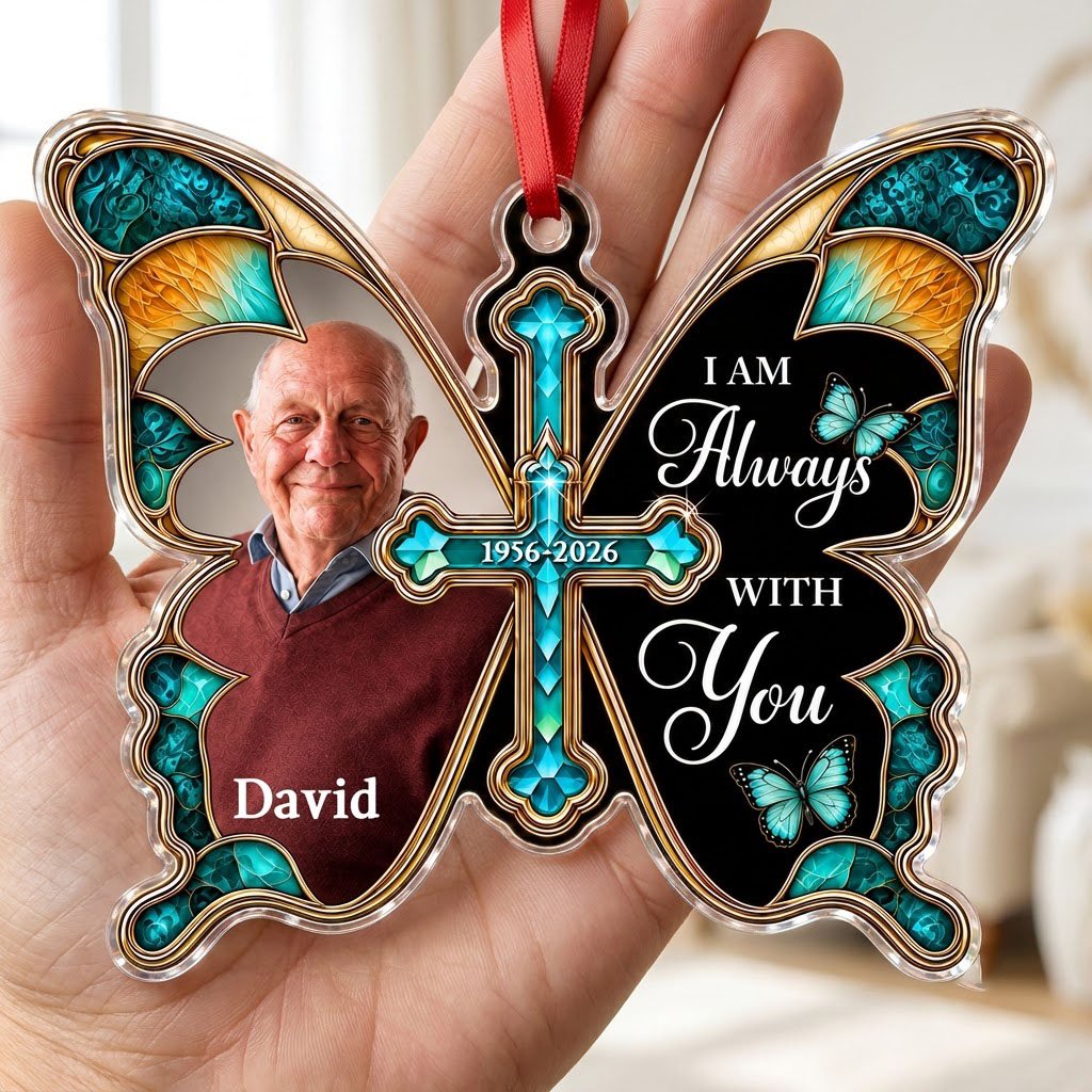 Butterfly acrylic ornament with stained glass wings, gold cross, photo panel, and the text I AM Always WITH You.