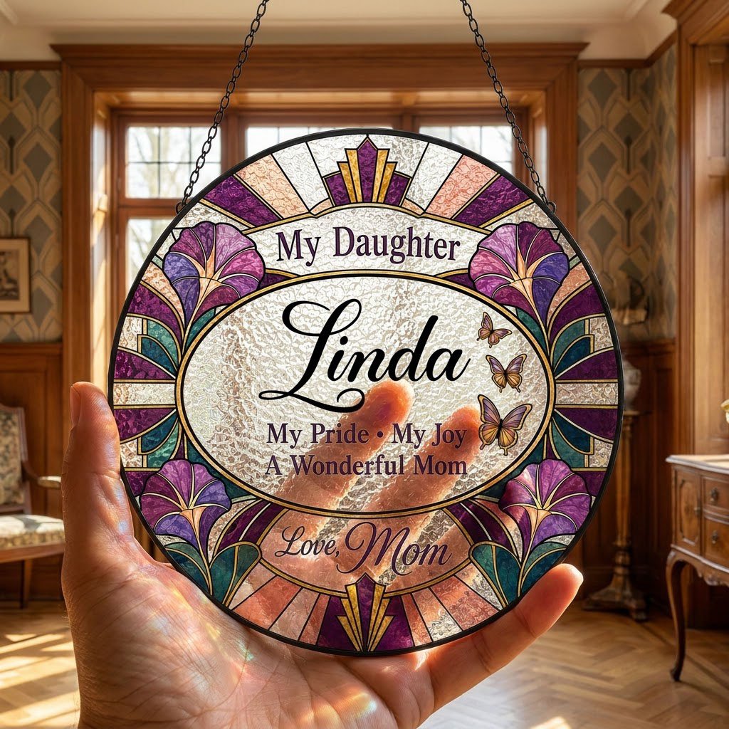 Round stained-glass style suncatcher with purple flowers, butterflies, and 'My Daughter' text.