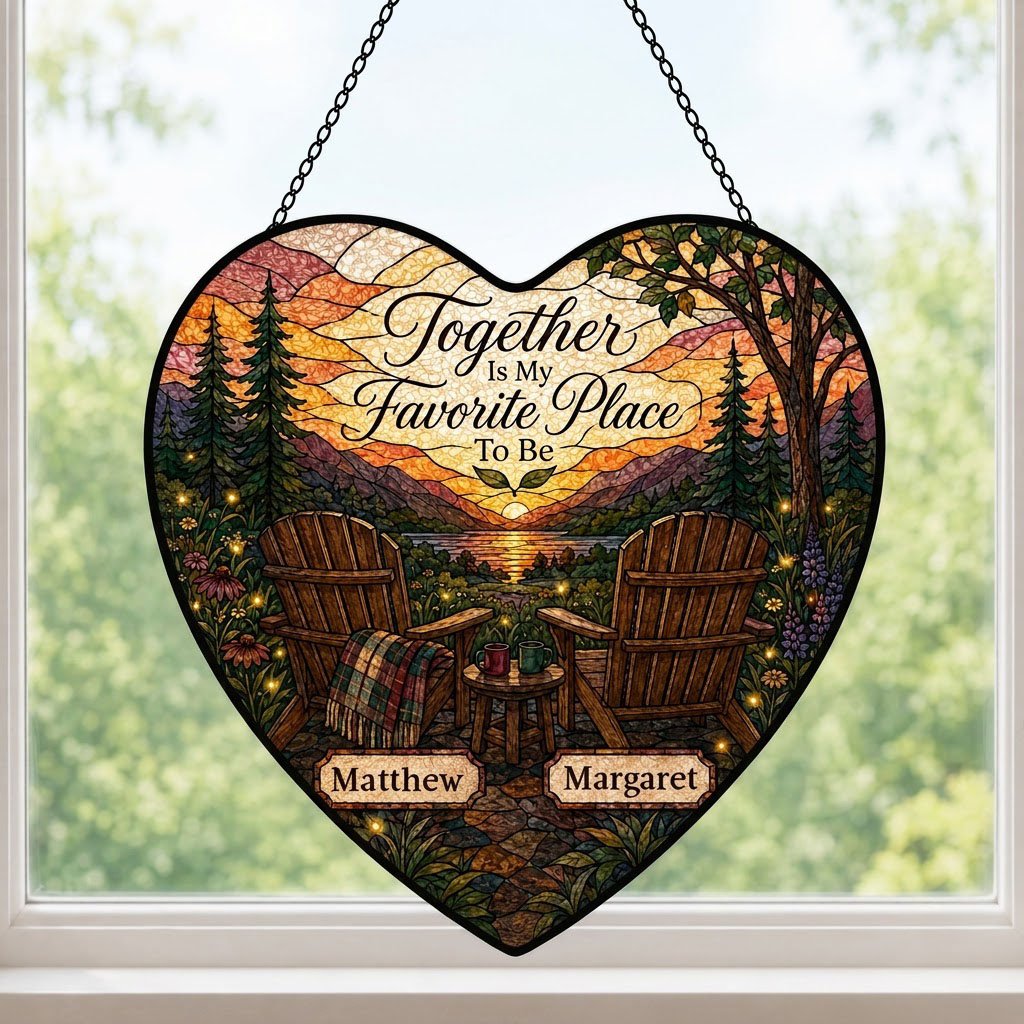 Heart stained glass suncatcher with lake sunset, two chairs, and the words Together Is My Favorite Place To Be.