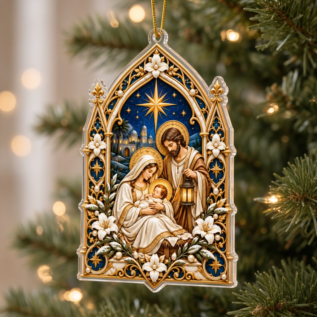 Cathedral-arch acrylic ornament with Nativity scene of Mary, Joseph with lantern, and the Star of Bethlehem.