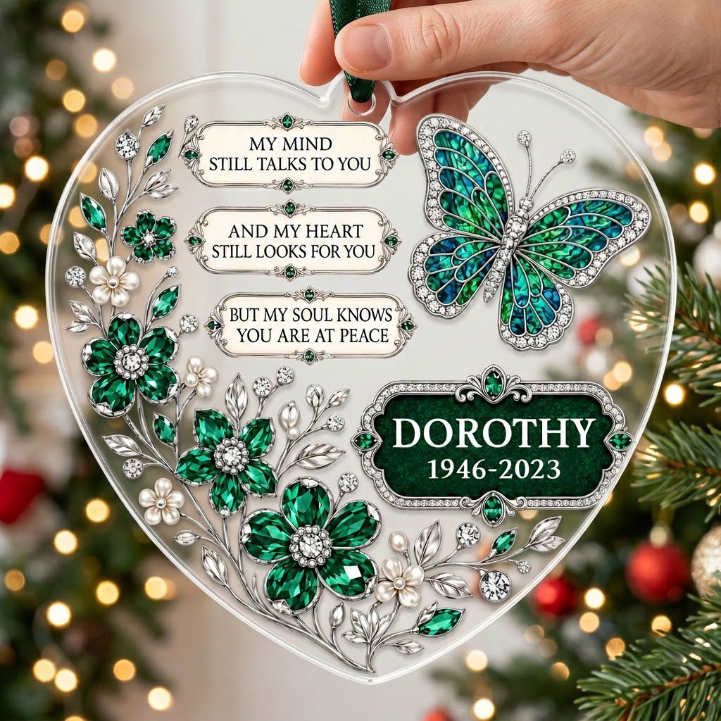 Personalized Emerald Butterfly Memorial Heart Acrylic Ornament