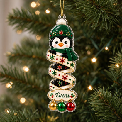 Clear acrylic ornament with elf or reindeer, spiral ribbon body and three dangling baubles, ready to hang on a Christmas