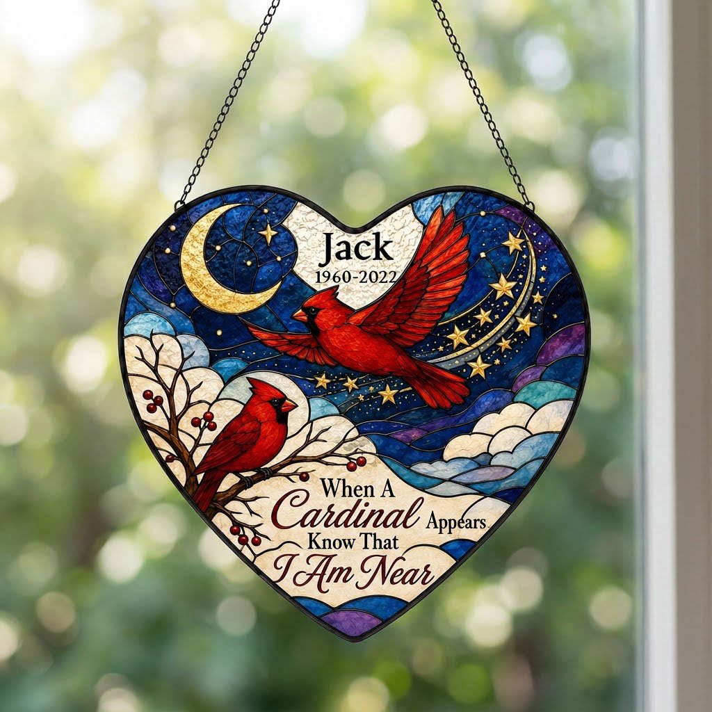 Heart stained-glass suncatcher with two red cardinals, a crescent moon, stars, and a branch with red berries.