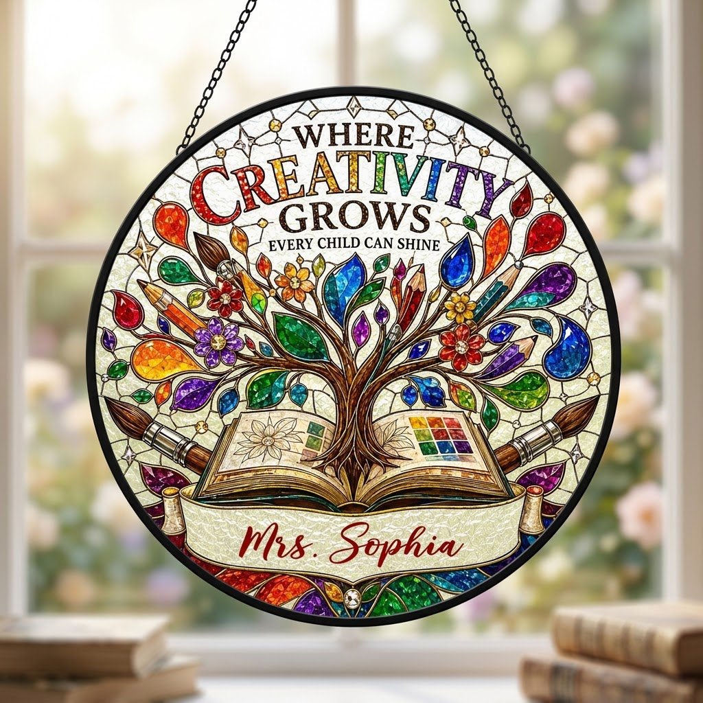 Round stained glass-style suncatcher with tree growing from an open book, paintbrushes, pencils, blossoms, and teacher n