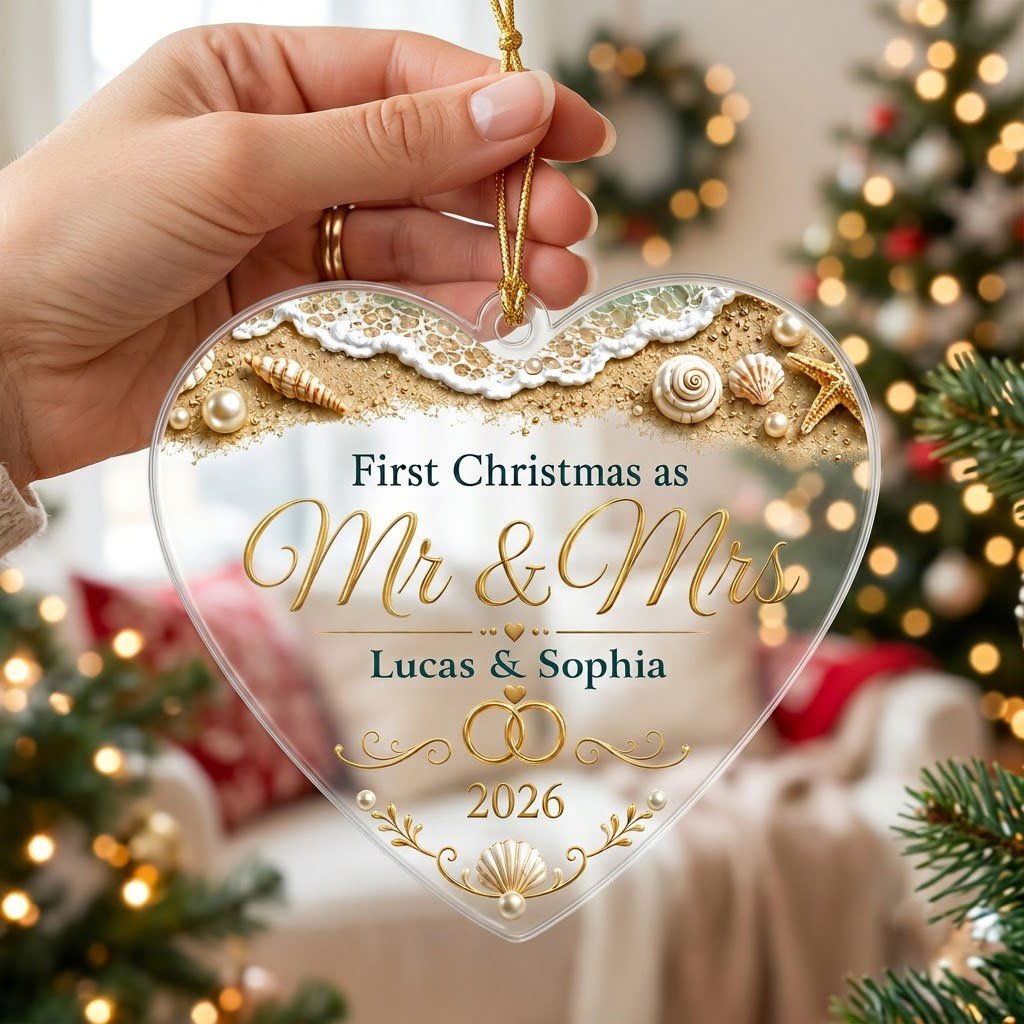 Personalized Beach Ocean First Christmas as Mr & Mrs Heart Acrylic Ornament, Custom Destination Wedding Keepsake