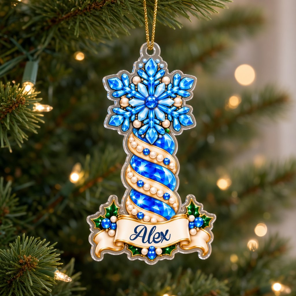 Acrylic ornament with green gift box and smiling elf, jeweled spiral columns, holly, and a name banner.