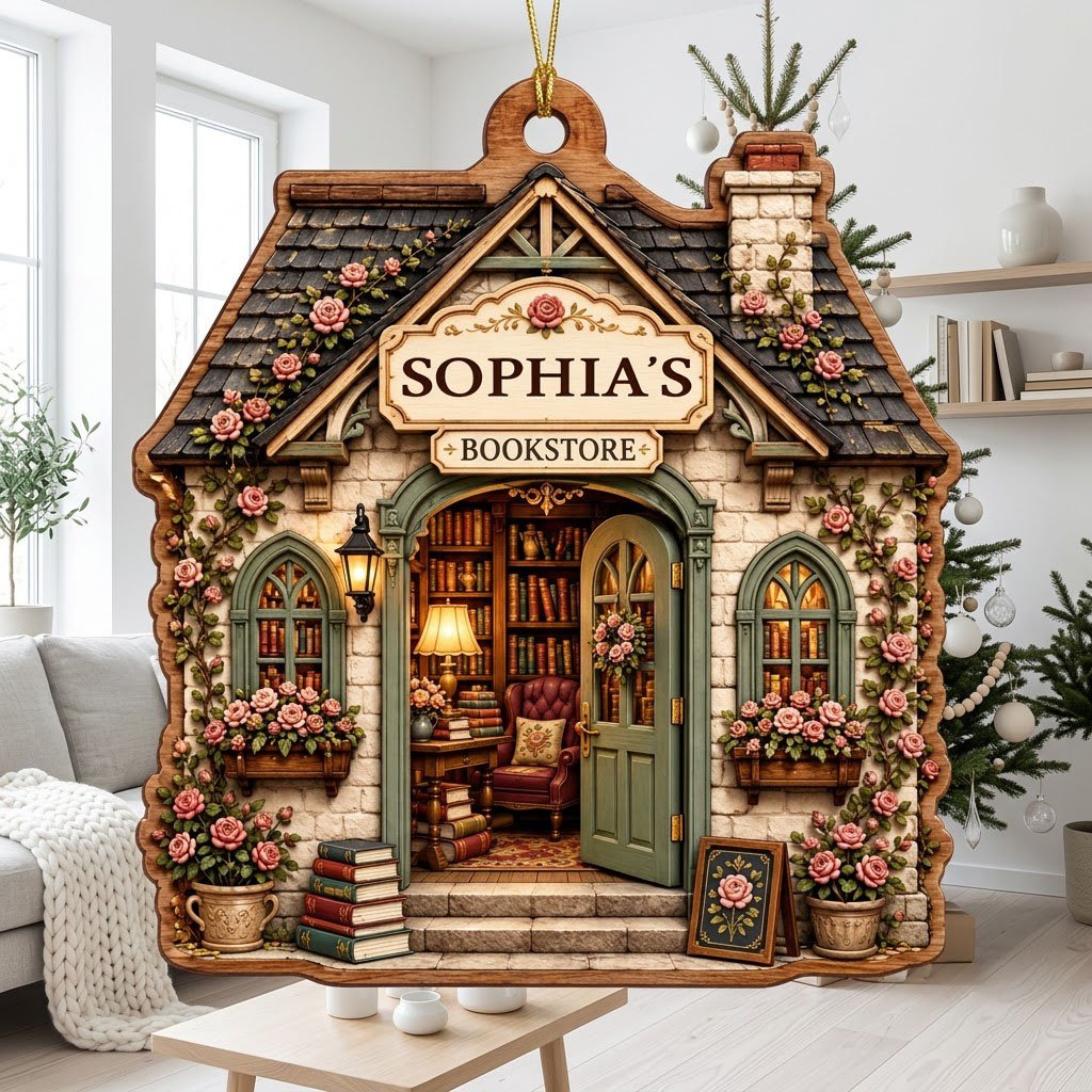 House-shaped wood ornament of a cozy bookstore with green door, rose vines, books, and a BOOKSTORE sign.