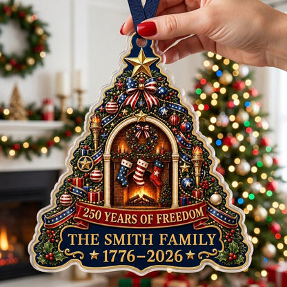 Personalized America 250th Tree Fireplace Acrylic Ornament, Custom Patriotic Holiday Keepsake