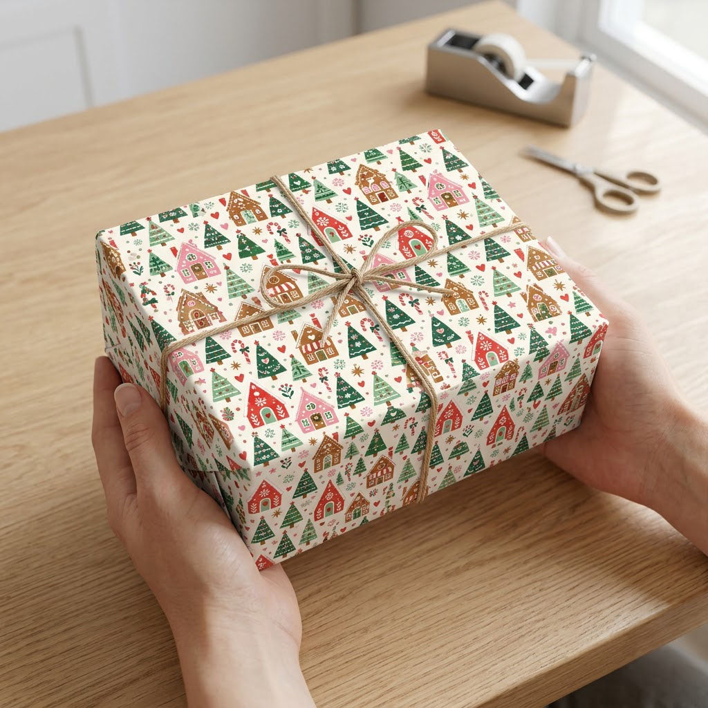 Cream wrapping paper with repeating gingerbread houses, green trees, candy canes, hearts, stars and snowflakes.
