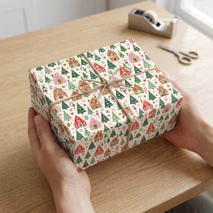 Cream wrapping paper with repeating gingerbread houses, green trees, candy canes, hearts, stars and snowflakes.