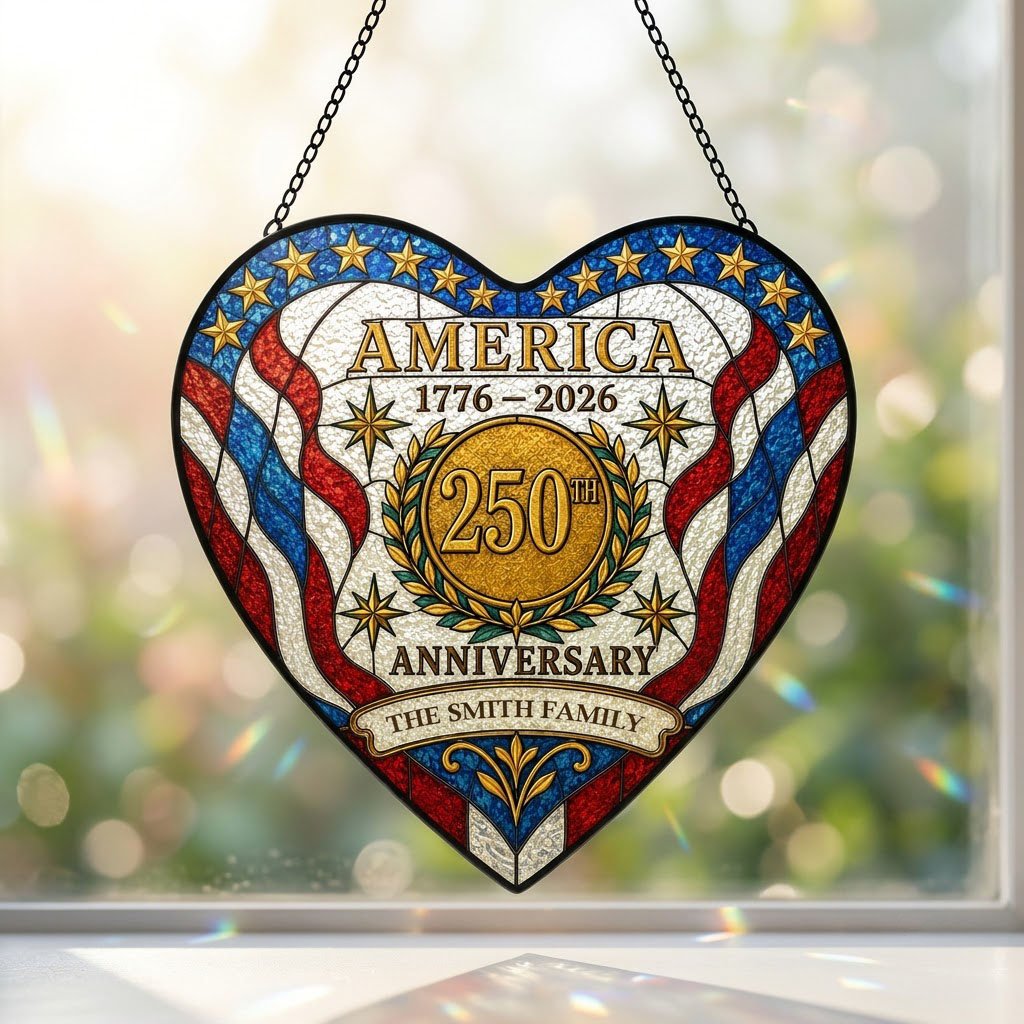 Heart suncatcher with red, white and blue stripes, gold medallion, laurel wreath, and 'America 1776–2026' text.