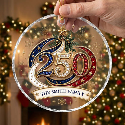 Personalized 250th Anniversary Patriotic Bauble Round Glass Ornament