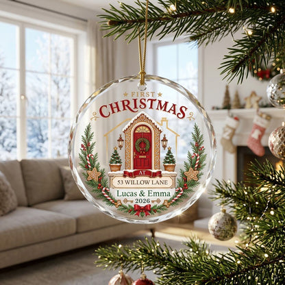 Personalized First Christmas at New Home Gingerbread Door Round Glass Ornament