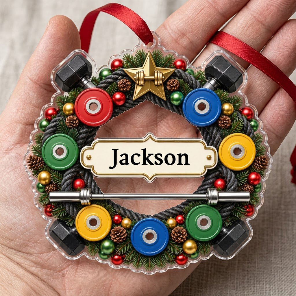 Acrylic ornament shaped around a gym wreath with dumbbells, bumper plates, barbell, and a name banner.