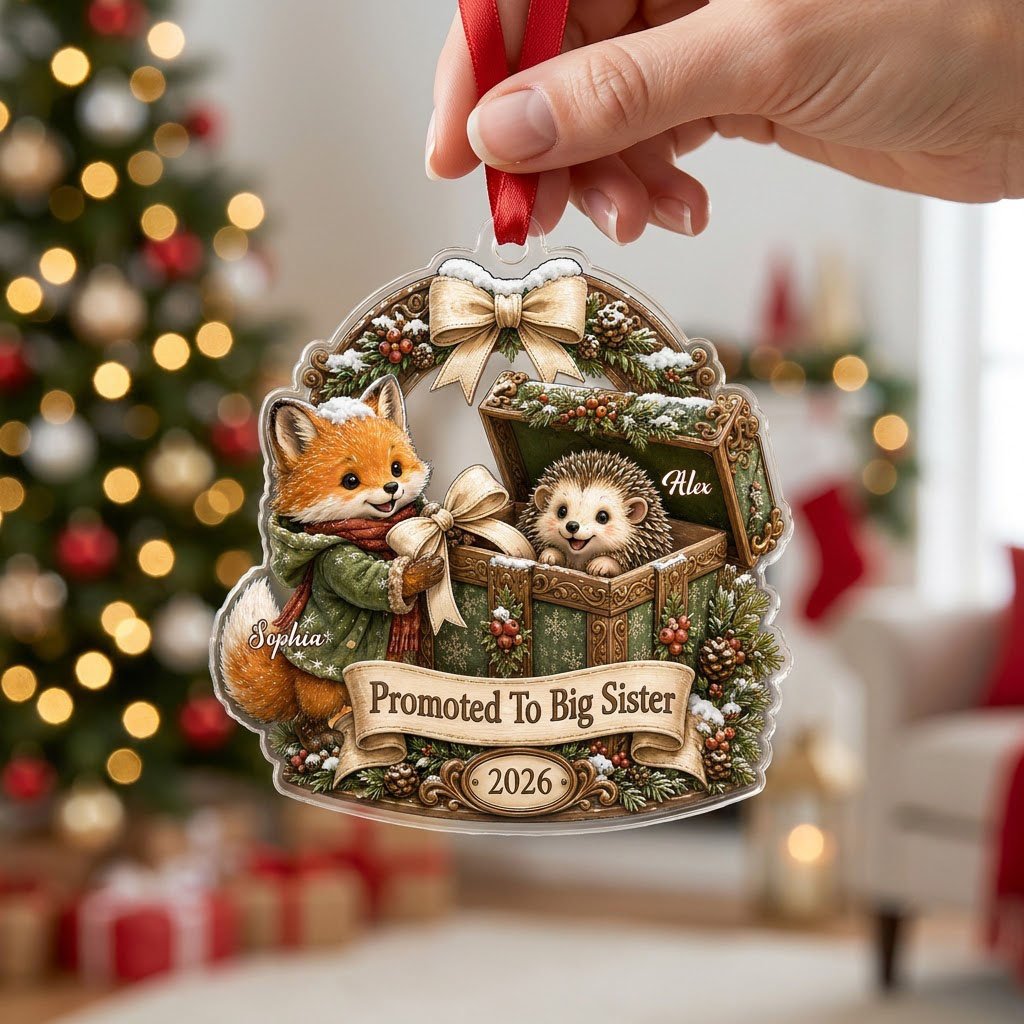 Custom-cut acrylic ornament: fox in jacket, hedgehog in box, pine arch and Promoted To Big Sister banner.