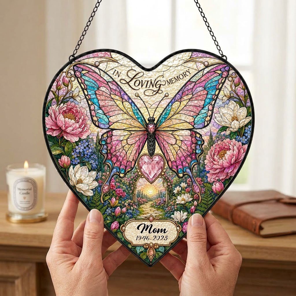 Personalized Butterfly Floral Garden Memorial In Loving Memory Heart Stained Glass Suncatcher