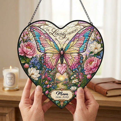 Personalized Butterfly Floral Garden Memorial In Loving Memory Heart Stained Glass Suncatcher
