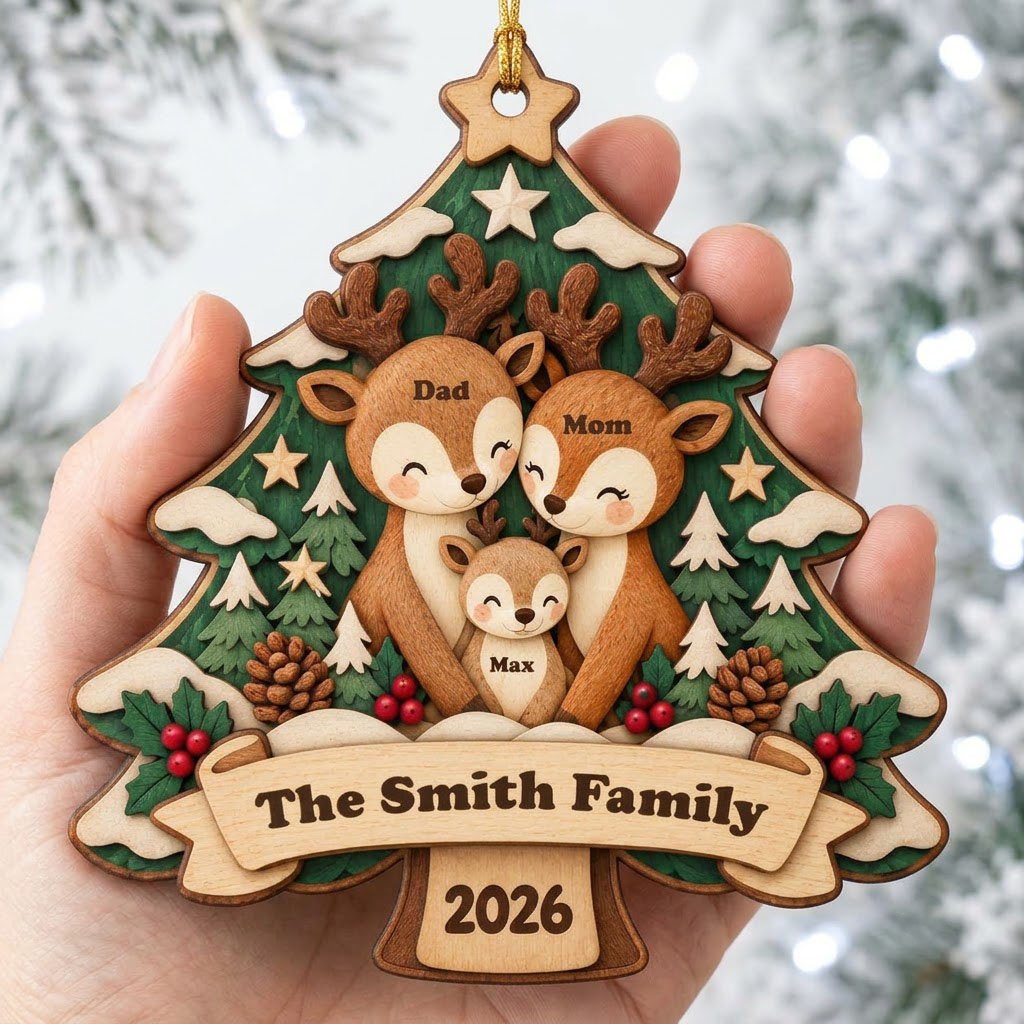 Tree-shaped wood ornament with a deer family, star topper, holly, pinecones, and personalized names and year.