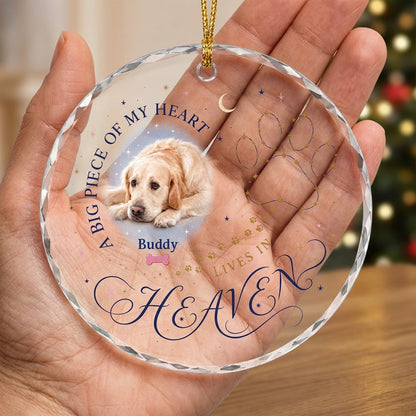 Personalized Dog Memorial Photo A Big Piece Of My Heart Lives In Heaven Round Glass Ornament