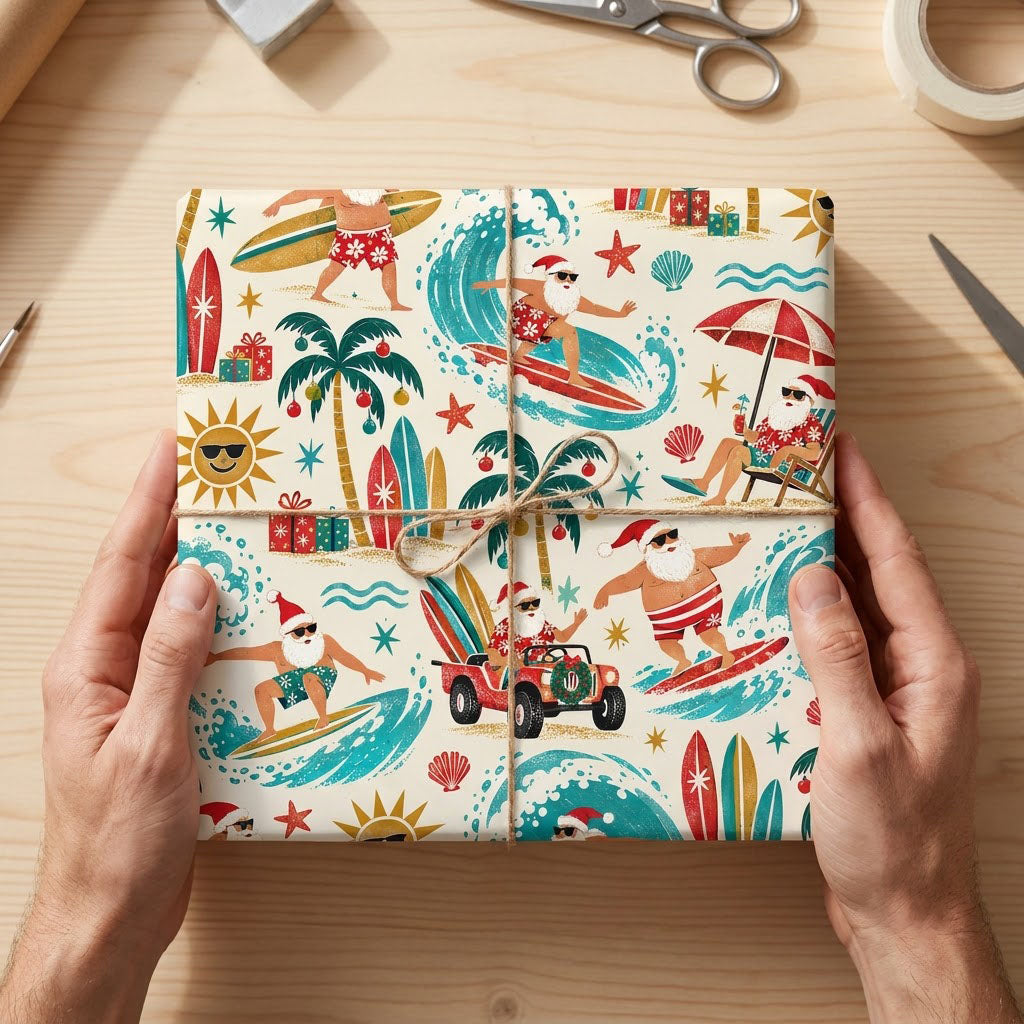 Wrapping paper with surfing Santa, red jeep, palm trees with ornaments, suns in sunglasses, starfish, seashells.