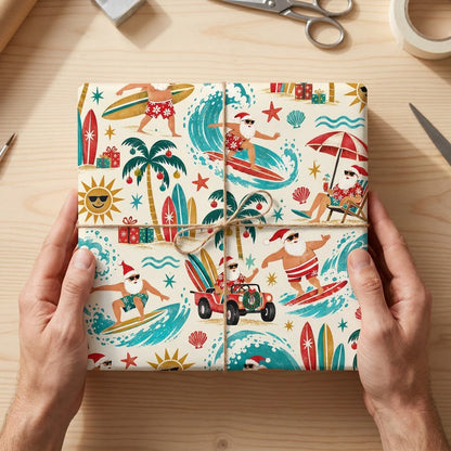 Wrapping paper with surfing Santa, red jeep, palm trees with ornaments, suns in sunglasses, starfish, seashells.