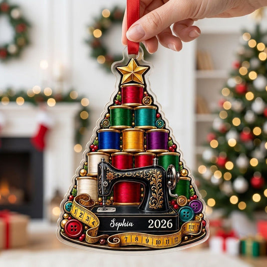 Personalized Vintage Sewing Tree Acrylic Ornament, Custom Quilter Seamstress Keepsake