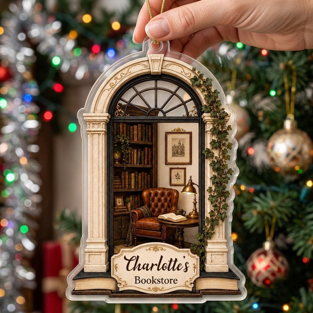 Personalized Library Reading Nook Acrylic Ornament, Custom Book Lover Christmas Keepsake