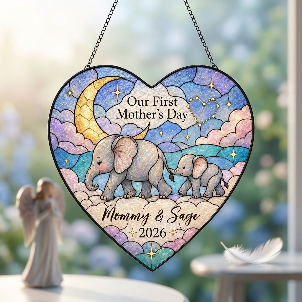 Heart stained-glass suncatcher with mom and baby elephants, crescent moon, pastel clouds, and gold stars.