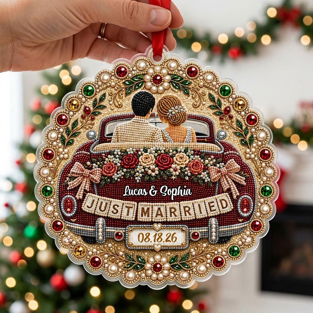 Personalized Just Married Vintage Car Scalloped Round Acrylic Ornament