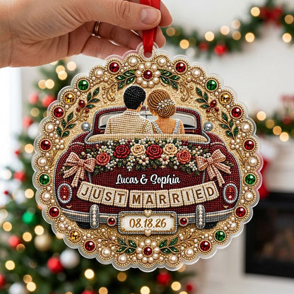 Personalized Just Married Vintage Car Scalloped Round Acrylic Ornament