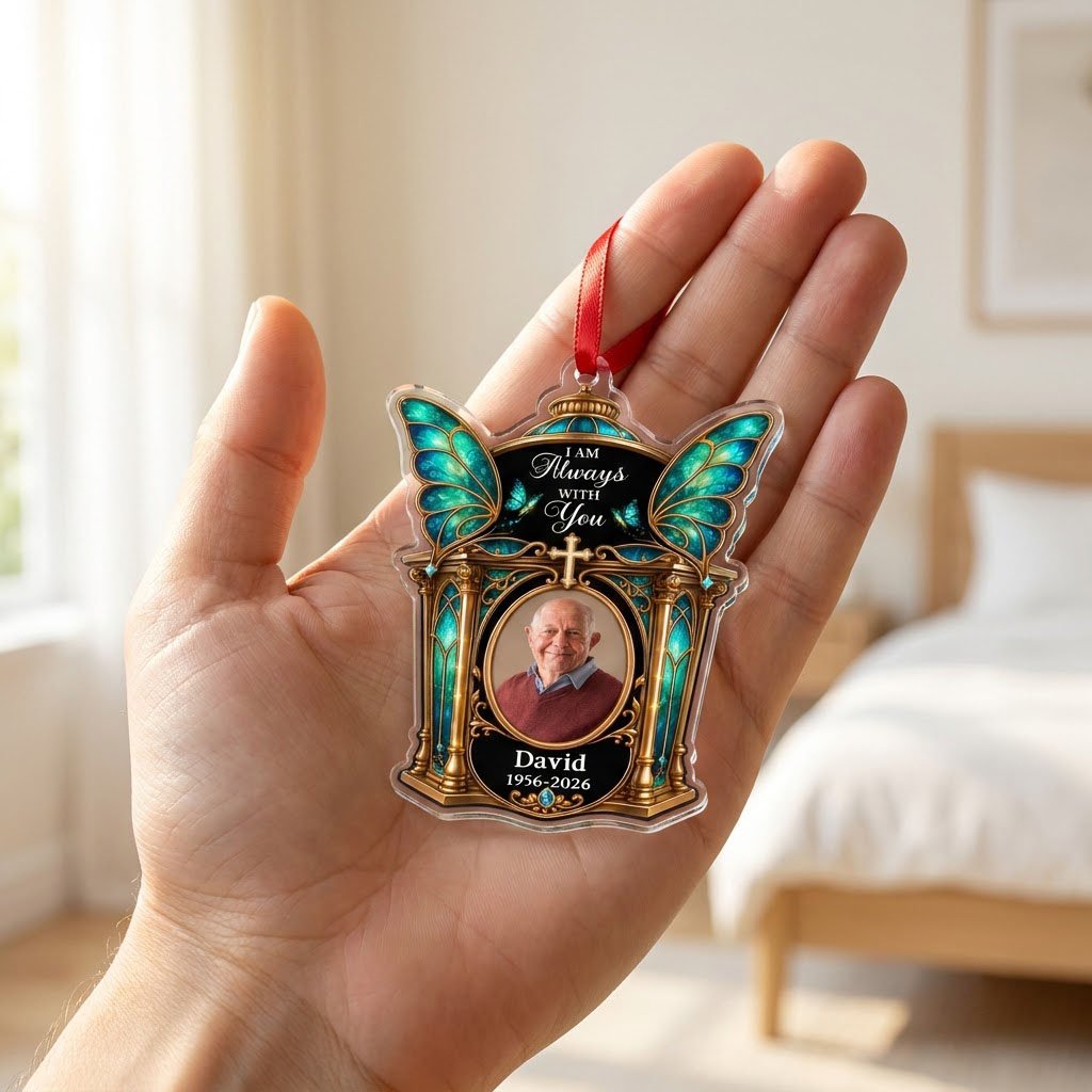 Clear acrylic ornament with winged shrine, teal butterfly wings, cross, oval photo, and 'I AM Always WITH You'.