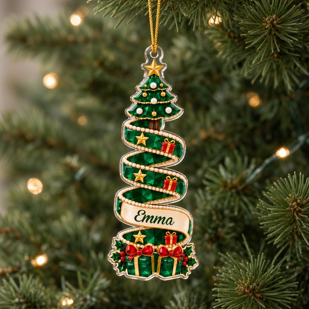Custom-cut acrylic ornament showing a reindeer or Santa head wrapped in a name banner with holly and candies.