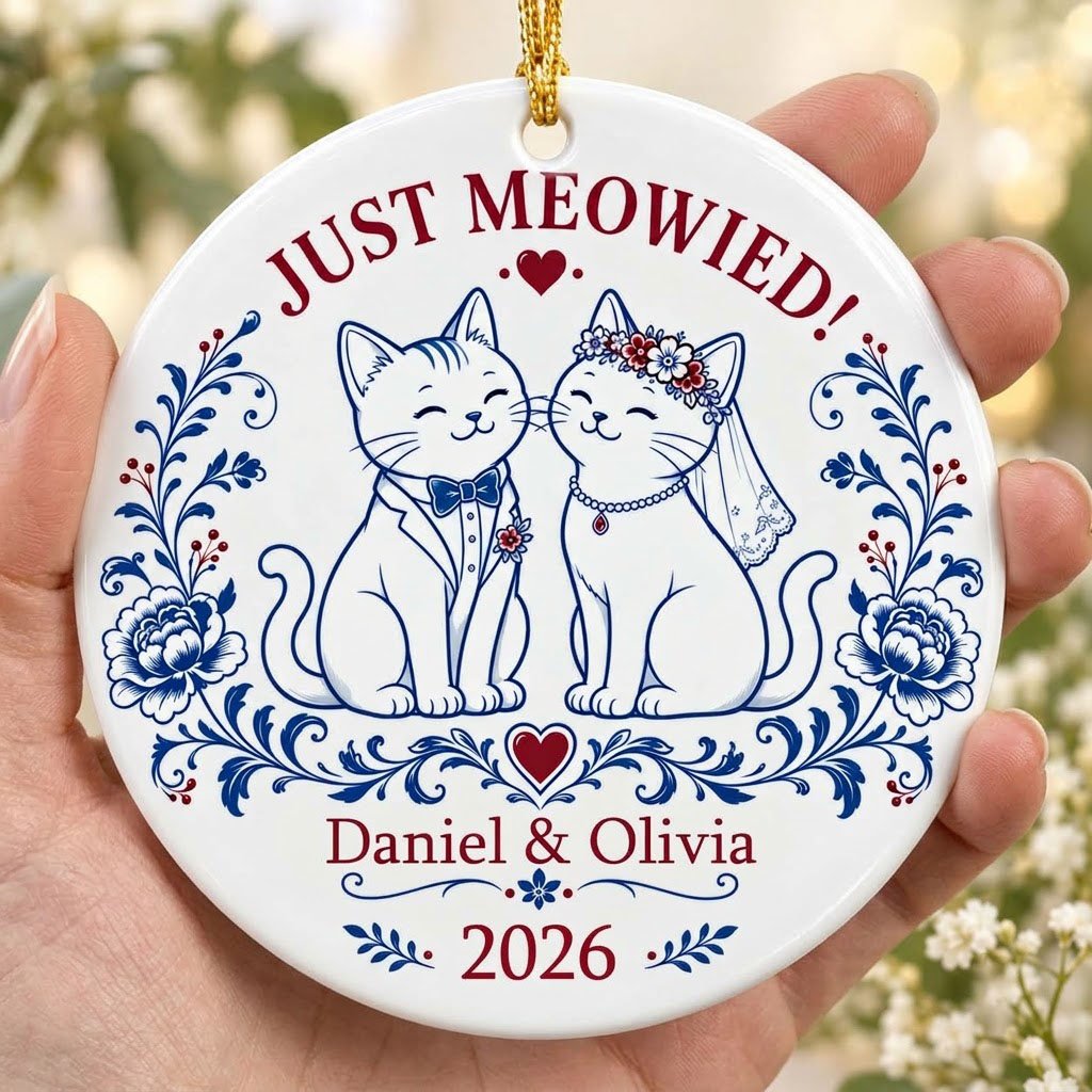 Round ceramic ornament with two wedding cats, 'JUST MEOWIED!', names and year with blue and red folk floral accents