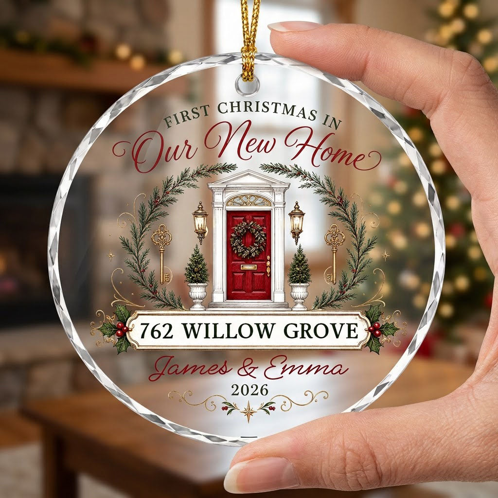 Personalized First Christmas in Our New Home Front Door Keys Round Glass Ornament