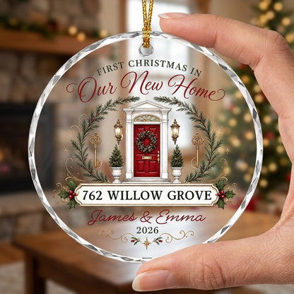 Personalized First Christmas in Our New Home Front Door Keys Round Glass Ornament