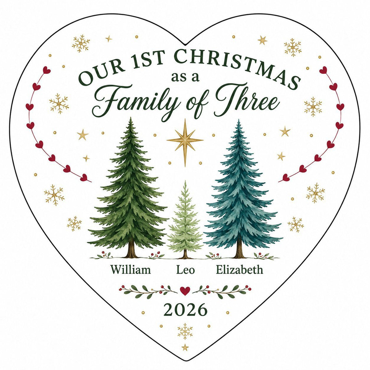 Heart ceramic ornament with three watercolor pine trees, a gold star, red heart garlands, and names with year.