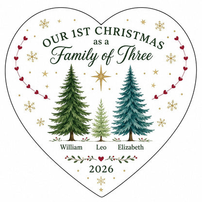 Heart ceramic ornament with three watercolor pine trees, a gold star, red heart garlands, and names with year.