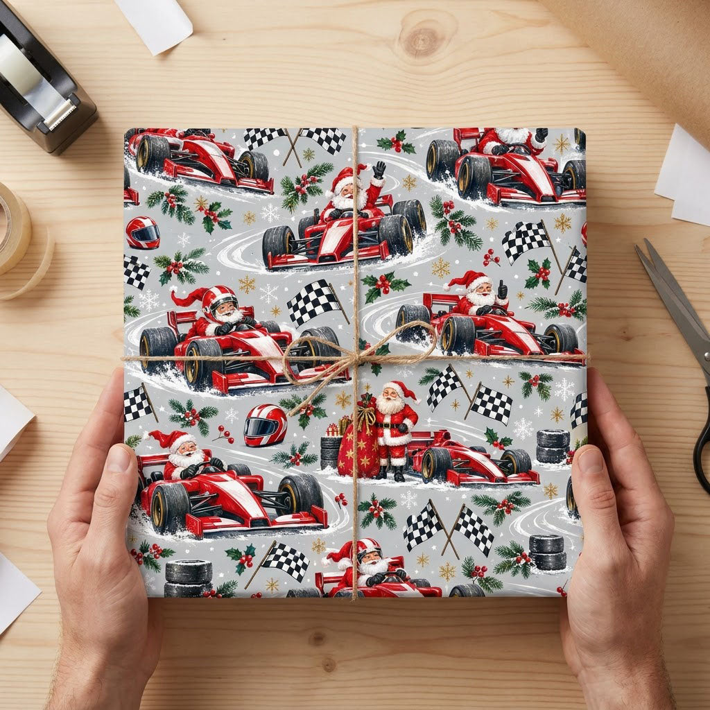 Light grey wrapping paper with Santa in red F1 cars, checkered flags, helmets, holly, and snowflakes.