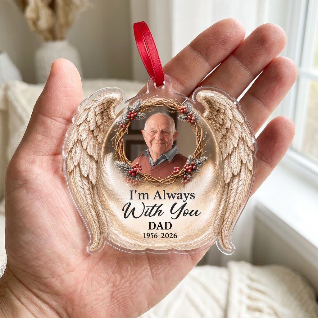 Angel wings ornament with twig wreath, red berries, custom photo, and the quote "I'm Always With You".