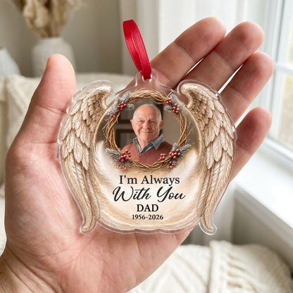 Angel wings ornament with twig wreath, red berries, custom photo, and the quote "I'm Always With You".