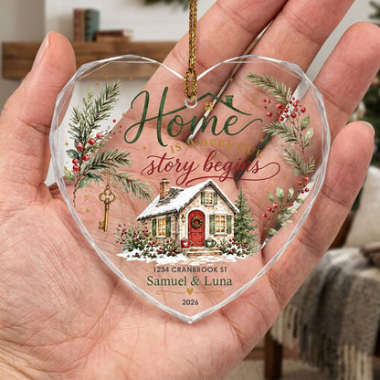 Personalized Home Is Where Our Story Begins Cottage Heart Glass Ornament