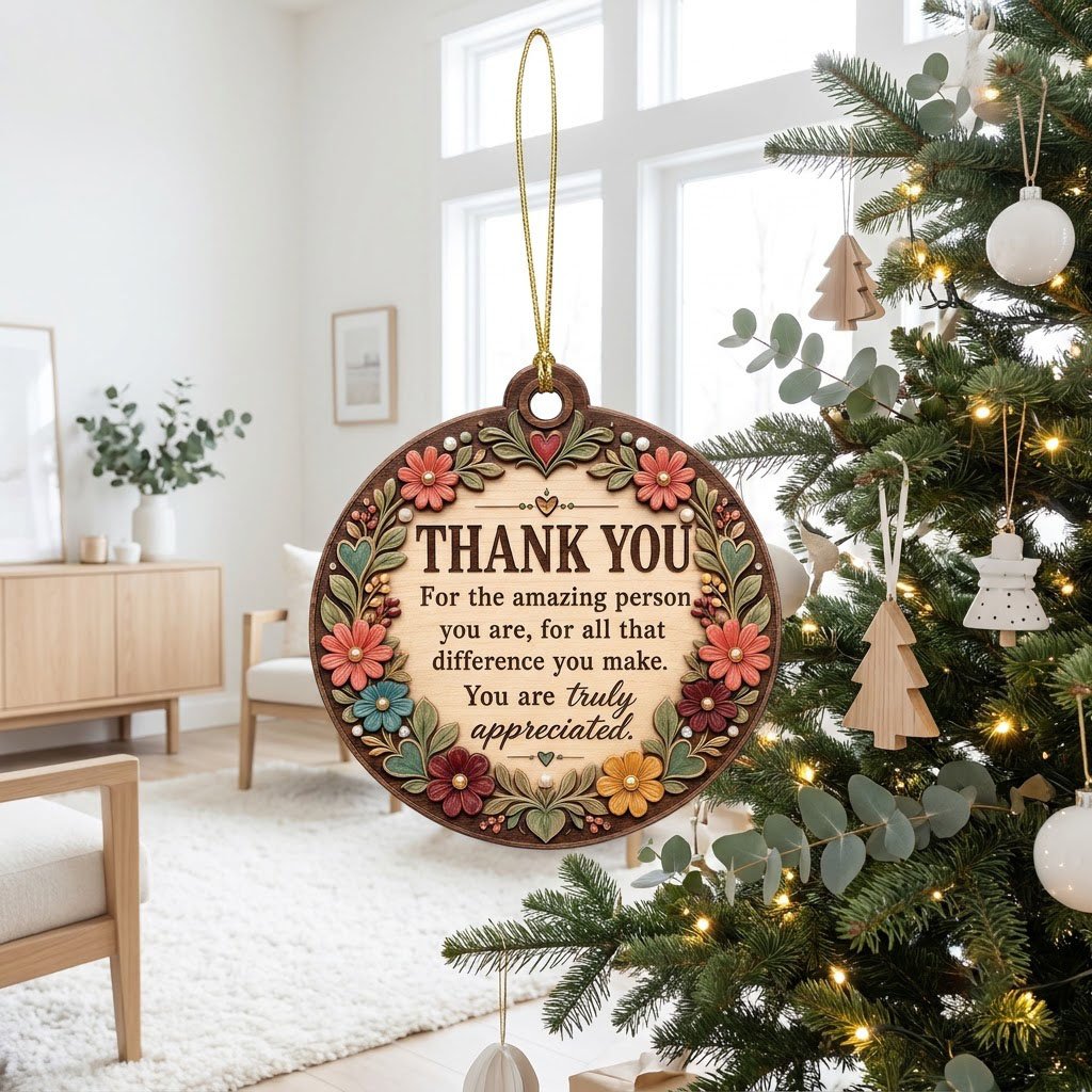Round wood ornament with carved-look floral border and THANK YOU appreciation message in the center.