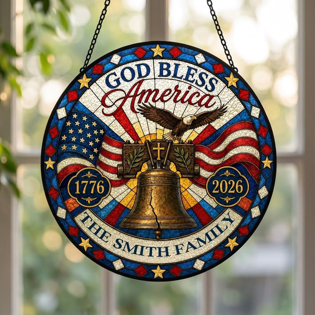 Round stained-glass style suncatcher with Liberty Bell, eagle, flags, 'GOD BLESS America' 1776–2026 and a family name