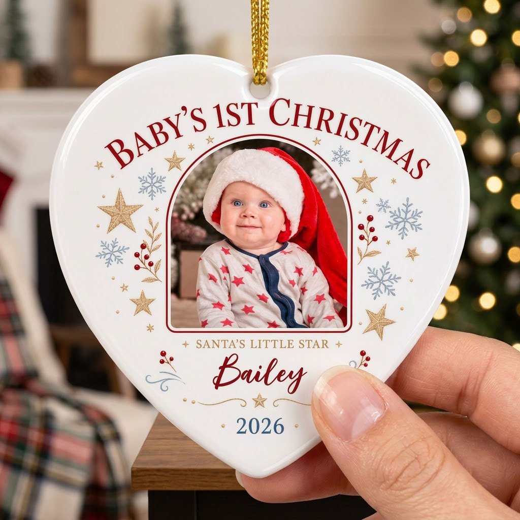 Heart ceramic ornament with arched photo frame, gold stars, blue snowflakes, holly, and 'Baby's 1st Christmas' text.