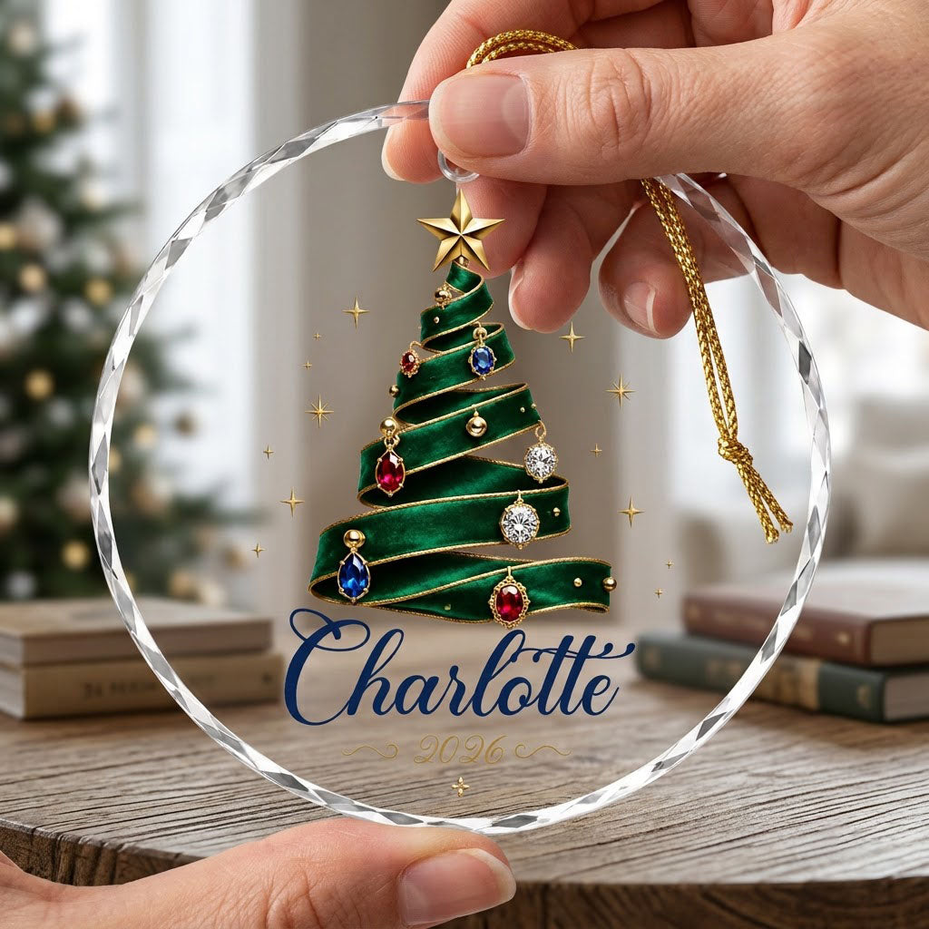 Round glass ornament with emerald ribbon tree, gold star and gem ornaments, personalized with name and year.