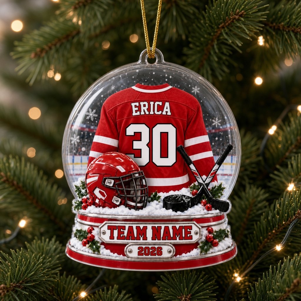 Acrylic snow globe ornament with red hockey jersey, helmet, crossed sticks, puck, holly and a silver name plaque.