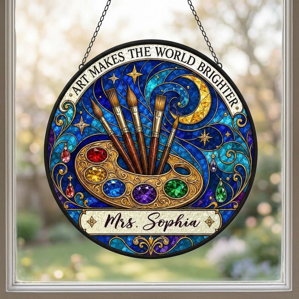 Round stained-glass suncatcher with golden palette, five brushes, moon, and 'Art Makes the World Brighter'.